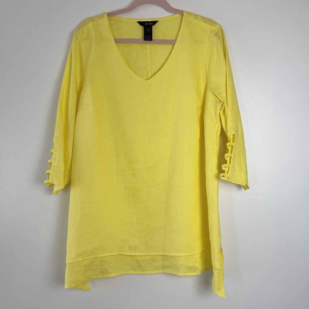 Ali Miles Yellow Linen Tunic Top 3/4 Sleeves Women’s L Lagenlook Artsy